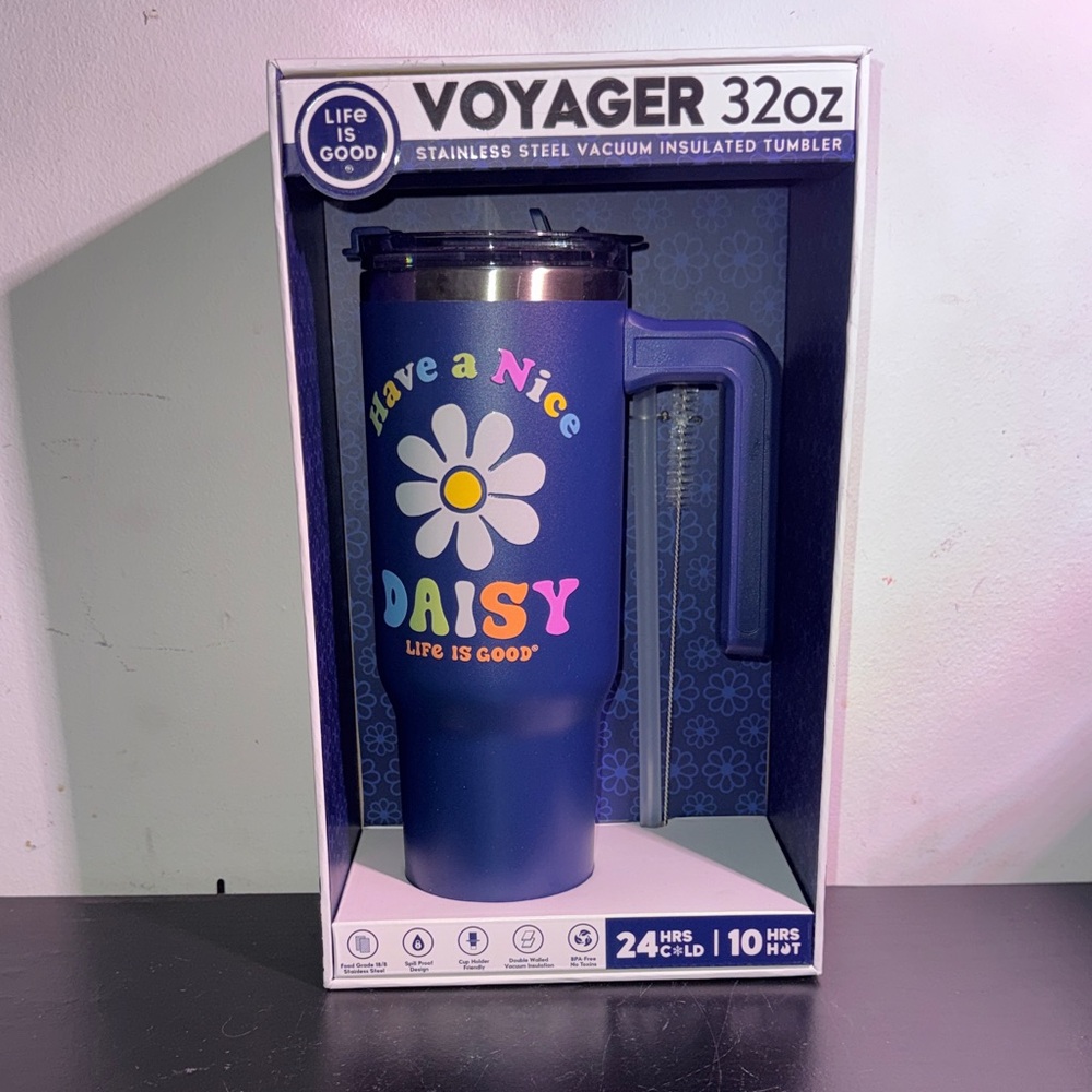 Life Is Good Blue Voyager Tumbler with Daisy Design